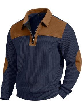 Men's Navy Blue Quarter Zip Sweater Ribbed Knit Pullover Brown Elbow Patches